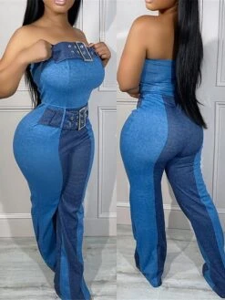 Women‘s Jumpsuit Backless Denim Patchwork Color Block Strapless Streetwear Street Club Regular Fit Sleeveless Blue S M L Summer