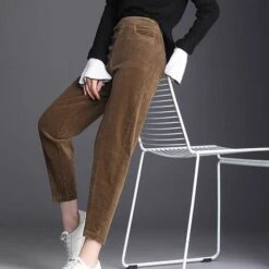 Women‘s Fleece Corduroy Pants Chinos Trousers Ankle-Length Side Pockets Micro-elastic Mid Waist Fashion Casual Weekend Black Brown S M -Outlet Suit Skirt Fit Store lkhqnt1656415177465