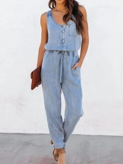 Women's Jumpsuit Pocket Solid Color U Neck Streetwear Daily Vacation Regular Fit Sleeveless White Navy Blue Light Blue S M L Spring -Outlet Suit Skirt Fit Store lllcdr1675852707177
