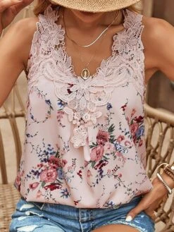 Women's Tank Top White Pink Blue Floral Lace Print Sleeveless Casual Holiday Basic V Neck Regular Fit Floral Sleeveless