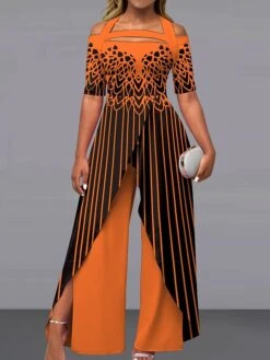 Women‘s Jumpsuit Print Striped Off Shoulder Pink Fall Winter Elegant Wedding Party Wide Leg Regular Fit Short Sleeve Black Light Green S M L Summer -Outlet Suit Skirt Fit Store loemmx1685529667124