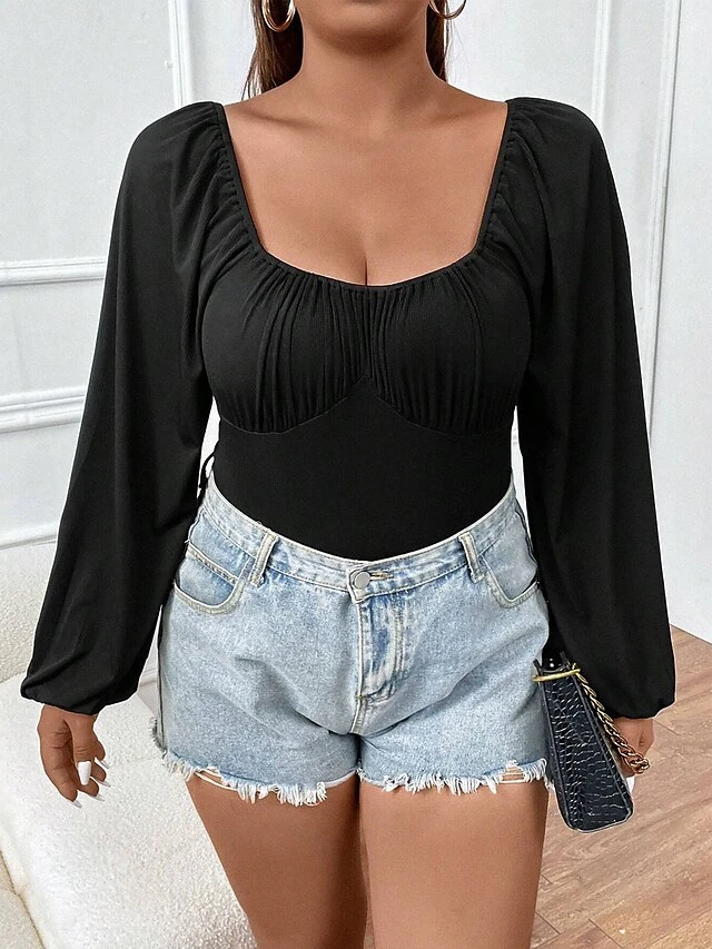 Women's Plus Size Romper Curve Solid Color Square Neck Bodycon Daily Vacation Regular Fit Long Sleeve Black XL XXL 3XL Fall 3 Women's Plus Size Romper Curve Solid Color Square Neck Bodycon Daily Vacation Regular Fit Long Sleeve Black XL XXL 3XL Fall - Image 3