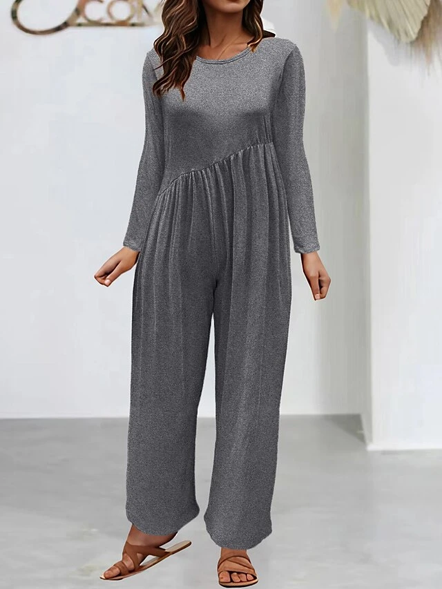 Women's Jumpsuit Pocket Solid Color Crew Neck Streetwear Street Daily Straight Regular Fit Long Sleeve Black Yellow Red S M L Fall 1 Women's Jumpsuit Pocket Solid Color Crew Neck Streetwear Street Daily Straight Regular Fit Long Sleeve Black Yellow Red S M L Fall