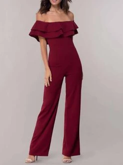 Women's Jumpsuit Ruffle Backless Solid Color Off Shoulder Streetwear Wedding Party Regular Fit Short Sleeve Black Wine Navy Blue S M L Summer