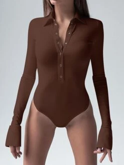 Women's Bodysuit Button Solid Color Shirt Collar Streetwear Home Street Regular Fit Long Sleeve Black Brown White S M L Spring Cold Weather -Outlet Suit Skirt Fit Store madouj1643192270671
