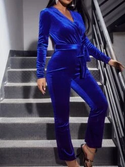 Women‘s Jumpsuit High Waist Solid Color Velvet V Neck Streetwear Wedding Party Regular Fit Long Sleeve Blue S M L Fall -Outlet Suit Skirt Fit Store malrrc1665740261871
