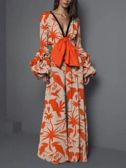 Women's Jumpsuit For Special Occasions Maillard Bow Print Print V Neck Elegant Party Street Wide Leg Slim Long Sleeve Poet Sleeve Orange S M L Fall / Mini / Deep V / Loose