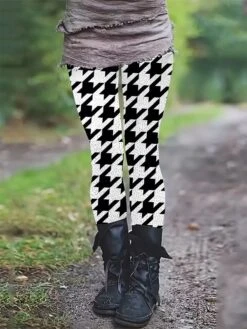 Women's Black And White Leggings Plaid Pattern Houndstooth Full Length Fashion Street Casual S M Spring, Fall, Winter, Summer
