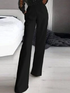 Women‘s Jumpsuit For Special Occasions Mesh Sequin Solid Color V Neck Elegant Party Prom Regular Fit Long Sleeve Black S M L SpringFall -Outlet Suit Skirt Fit Store melsju1649904647317