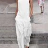 White Jumpsuits For Women Summer Dressy Clean Fit White Pocket Solid Color Crew Neck Streetwear Street Elegant Daily Regular Fit Sleeveless Black Wine S M L Summer