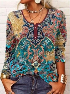 Women's T Shirt Tee Red Blue Green Floral Button Print Long Sleeve Holiday Weekend Daily Basic Round Neck Regular Fit Floral Painting Fall & Winter