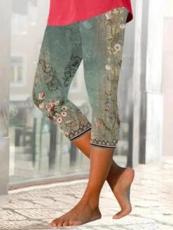 Women's Capri Shorts Green Casual Casual Daily Print Stretchy Calf-Length Breathable Plants S M L XL XXL