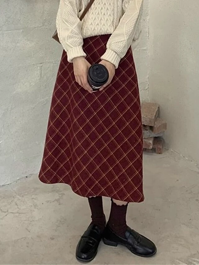 Women's Skirt Long Skirt Midi Cotton Wine Skirts Fall & Winter Plaid Print High Waist Fashion Elegant Christmas Street Xmas S M L 9 Women's Skirt Long Skirt Midi Cotton Wine Skirts Fall & Winter Plaid Print High Waist Fashion Elegant Christmas Street Xmas S M L - Image 9