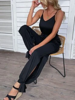 Women's Jumpsuit Backless Pocket Solid Color V Neck Streetwear Street Daily Regular Fit Sleeveless Black S M L Summer