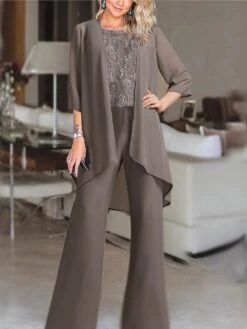 Women's Jumpsuit Lace Solid Color Round Neck Elegant Wedding Party Straight Regular Fit 3/4 Length Sleeve Brown S M L Spring Cold Weather