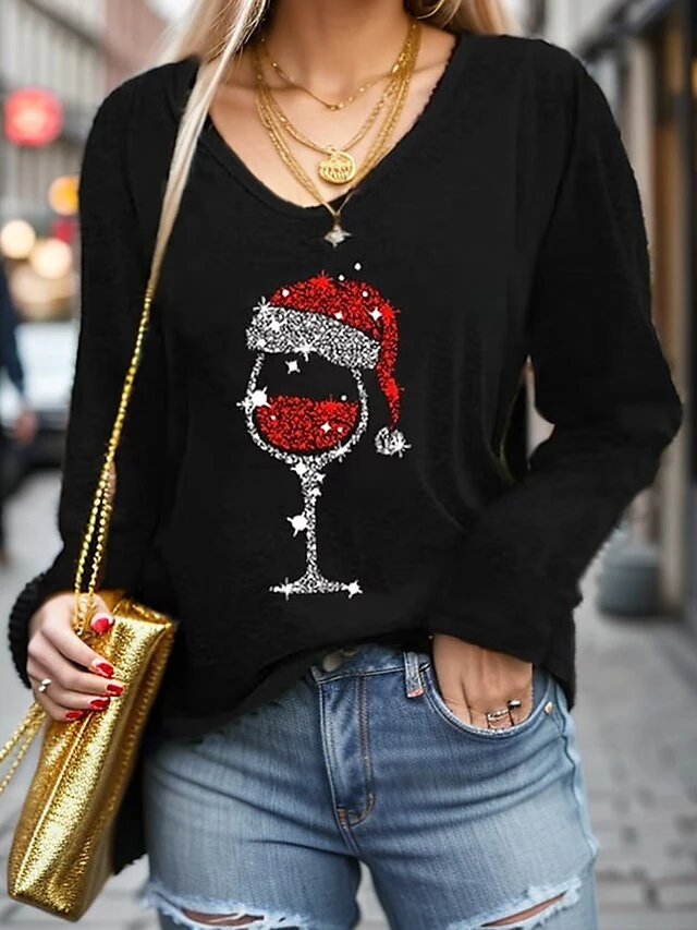 Women's T Shirt Tee Christmas Shirt Black Gray Butterfly Ugly Christmas Rhinestone Long Sleeve Party Christmas Weekend Fashion V Neck Regular Fit Painting Spring &Fall 1 Women's T Shirt Tee Christmas Shirt Black Gray Butterfly Ugly Christmas Rhinestone Long Sleeve Party Christmas Weekend Fashion V Neck Regular Fit Painting Spring &Fall