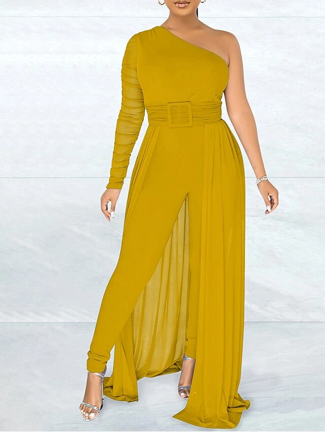 Women's Jumpsuit Overlay Lace Up Mesh Solid Color One Shoulder Streetwear Party Going Out Regular Fit Long Sleeve Black White Yellow S M L Spring 8 Women's Jumpsuit Overlay Lace Up Mesh Solid Color One Shoulder Streetwear Party Going Out Regular Fit Long Sleeve Black White Yellow S M L Spring - Image 8