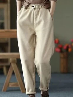 Women's Slacks Baggy Full Length Cotton Baggy Micro-elastic Mid Waist Fashion Streetwear Outdoor Street Black Plush Khaki Fleece M 80-100 Catties XL 120-140 Catties Fall Winter -Outlet Suit Skirt Fit Store njlybl1692241624745