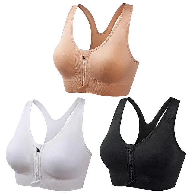 3 Pack Women's High Support Sports Bra Running Bra Seamless Zip Front Racerback Bra Top Padded Yoga Fitness Gym Workout Breathable Shockproof Quick Dry Khaki Black White Solid Colored 1 3 Pack Women's High Support Sports Bra Running Bra Seamless Zip Front Racerback Bra Top Padded Yoga Fitness Gym Workout Breathable Shockproof Quick Dry Khaki Black White Solid Colored