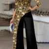 Women's Jumpsuit Floral Off Shoulder Business Wedding Work Straight Regular Fit 3/4 Length Sleeve Gold S M L Fall