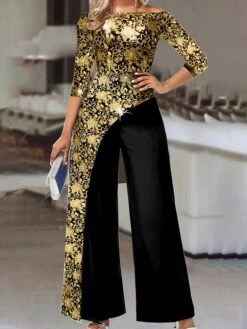 Women's Jumpsuit Floral Off Shoulder Business Wedding Work Straight Regular Fit 3/4 Length Sleeve Gold S M L Fall