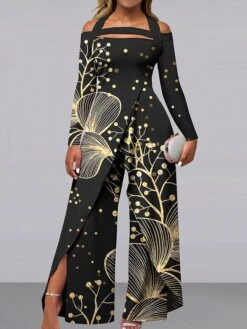 Women's Jumpsuit Print Floral Off Shoulder Elegant Party Holiday Wide Leg Regular Fit Long Sleeve Black Light Green Green S M L All Seasons