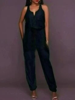 Women's Jumpsuit Pocket Solid Color V Neck Business Office Work Regular Fit Sleeveless Black Navy Blue Blue XS S M Summer -Outlet Suit Skirt Fit Store nobast1683534835921