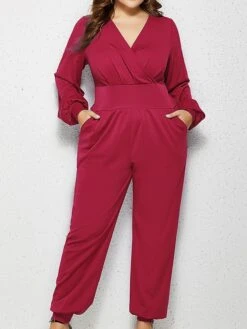 Women's Jumpsuit Pocket Solid Color V Neck Streetwear Daily Vacation Regular Fit Long Sleeve Red Royal Blue XXL 3XL 4XL Fall
