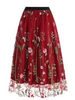 Women's Skirt Swing Midi Tulle Apricot Black White Red Skirts Fall & Winter Floral Embroidered High Waist Vintage Elegant Christmas Xmas Street M L XL -Outlet Suit Skirt Fit Store nufhja1694271026213