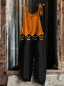 Women's Jumpsuit Halloween Print Print Crew Neck Holiday Party Going Out Straight Loose Fit Strap Black Yellow Orange S M L All Seasons
