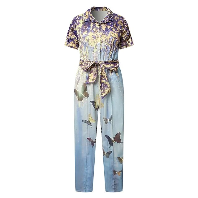 Jumpsuits For Women Summer Dressy Lace Up Floral Shirt Collar Elegant Daily Vacation Straight Regular Fit Short Sleeve Blue S M L Spring 3 Jumpsuits For Women Summer Dressy Lace Up Floral Shirt Collar Elegant Daily Vacation Straight Regular Fit Short Sleeve Blue S M L Spring - Image 3