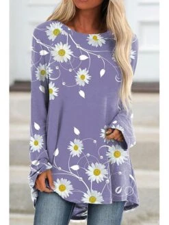 Women's Plus Size T Shirt Tee Tunic Shirts Tunic Blue Purple Green Floral Daisy Print Long Sleeve Daily Weekend Tunic Basic Round Neck Regular Fit Floral Painting Fall & Winter -Outlet Suit Skirt Fit Store ocimpr1627284413579