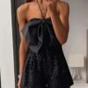 Women‘s Romper Backless Sparkly High Waist Solid Color Halter Neck Streetwear Party Prom Slim Sleeveless Black XS S M Summer