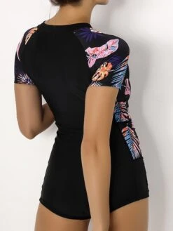 Women's Swimwear Rash Guard Diving Bathing Suits Normal Swimsuit Zipper UV Protection Modest Swimwear Tummy Control Printing Leaf Black Padded Scoop Neck Bathing Suits Sports Vacation Stylish -Outlet Suit Skirt Fit Store ogdrxh1645007587362