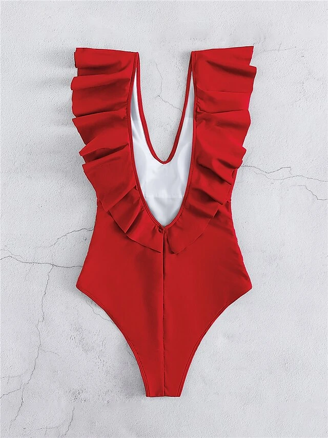 4 Colors Fashion Ruffle Swimwear For Women Sexy Deep V Plunge One Piece Swimsuit Solid Color Low Back Padded Bodysuit Bathing Suit Beachwear 13 4 Colors Fashion Ruffle Swimwear For Women Sexy Deep V Plunge One Piece Swimsuit Solid Color Low Back Padded Bodysuit Bathing Suit Beachwear - Image 13