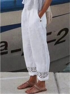 Women's Linen Pants Pants Trousers Baggy Long Cotton Lace Baggy Micro-elastic Elegant Casual / Sporty Daily Streetwear Milk Green S M All Seasons