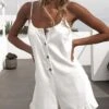White Jumpsuits For Women Romper Ruffle Button Solid Color Crew Neck Streetwear Street Daily Regular Fit Spaghetti Strap Black Orange S M L Summer