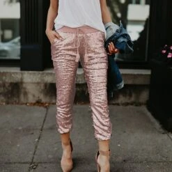 Women's Chinos Pants Trousers Silver Pink Mid Waist Fashion Sparkle Sparkle & Shine Party Weekend Sequins Side Pockets Full Length Comfort Plain S M L XL