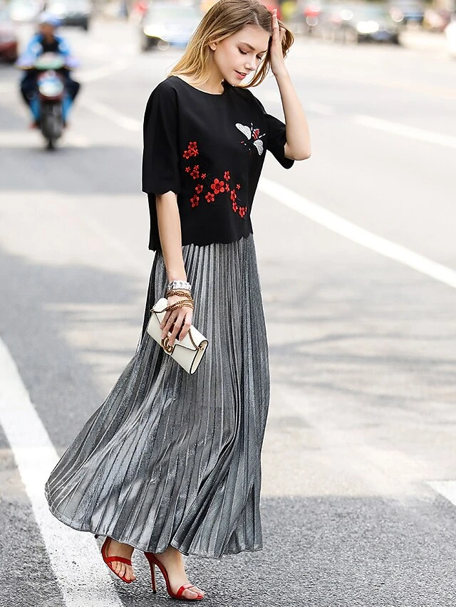 Women's Skirt Swing Long Skirt Maxi Silver Black Red Blue Skirts Pleated Streetwear Summer Holiday Weekend S M L 4 Women's Skirt Swing Long Skirt Maxi Silver Black Red Blue Skirts Pleated Streetwear Summer Holiday Weekend S M L - Image 4