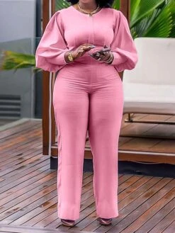 Women's Jumpsuit High Waist Solid Color Round Neck Active Daily Vacation Wide Leg Slim Long Sleeve Puff Balloon Sleeve Black Pink Blue S M L Fall