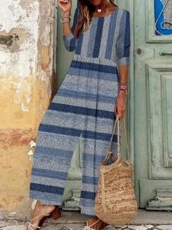 Women's Jumpsuit Print Striped Round Neck Boho Vacation Wide Leg Regular Fit Long Sleeve White Light Green Navy Blue S M L All Seasons