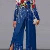 Women's Jumpsuit Print Floral Off Shoulder Elegant Wedding Party Wide Leg Regular Fit Long Sleeve Blue S M L All Seasons