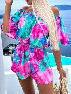 Women's Romper Ruffle Print Floral Off Shoulder Streetwear Street Daily Regular Fit Half Sleeve Red Blue Light Blue S M L Summer Waist Tie
