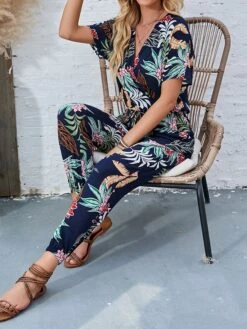 Women's Jumpsuit Print Floral V Neck Casual Street Daily Regular Fit Short Sleeve Navy Blue S M L Spring