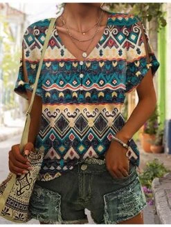 Women's T Shirt Tee Red Blue Green Geometric Button Cut Out Print Short Sleeve Daily Weekend Basic V Neck Regular Fit Geometric Painting