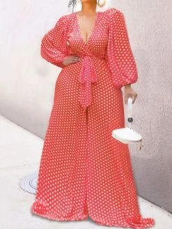 Women's Jumpsuit Lace Up Print Polka Dot V Neck Holiday Daily Vacation Wide Leg Regular Fit Long Sleeve Lantern Sleeve Yellow Red Green S M L Fall