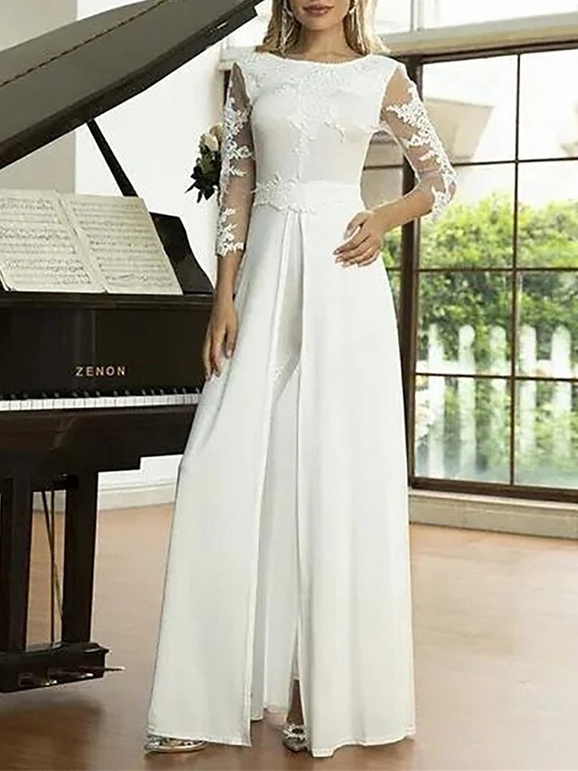 Women's Jumpsuit Lace Solid Color Crew Neck Streetwear Wedding Party Regular Fit Long Sleeve White S M L Summer 2 Women's Jumpsuit Lace Solid Color Crew Neck Streetwear Wedding Party Regular Fit Long Sleeve White S M L Summer - Image 2