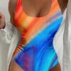 Women's Swimwear One Piece Normal Swimsuit Printing Color Block Pink Blue Green Bodysuit Bathing Suits Sports Beach Wear Summer