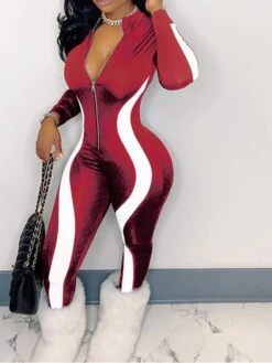 Women's Catsuit Zipper Striped Stand Collar Active Sport Daily Regular Fit Short Sleeve Blue Red Black S M L Spring