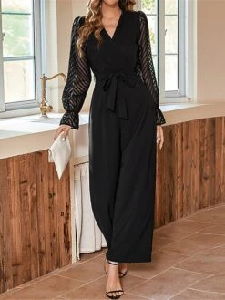 Women's Jumpsuit Mesh Patchwork Solid Color V Neck Business Wedding Office Regular Fit Long Sleeve Black S M L Spring